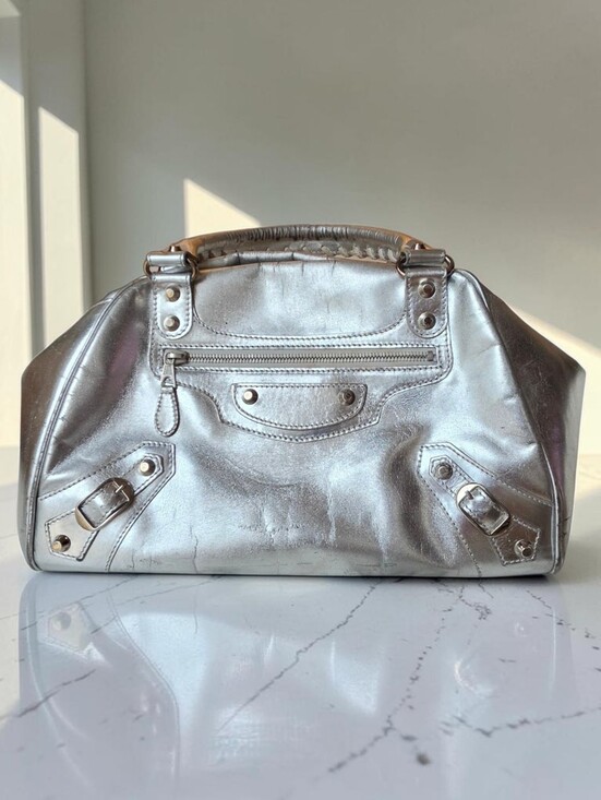 Balenciaga Handbags - Balenciaga 2009 Metallic Silver Bowling PM Bag With Braided Handles Y2K